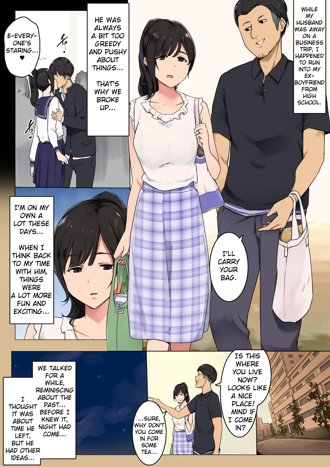 [Wakamatsu] Otto ga Shucchouchuu ni Koukoujidai no Motokare to Atteshimatta Hitozuma no Ohanashi [English] [Erozbischof] - Page 1