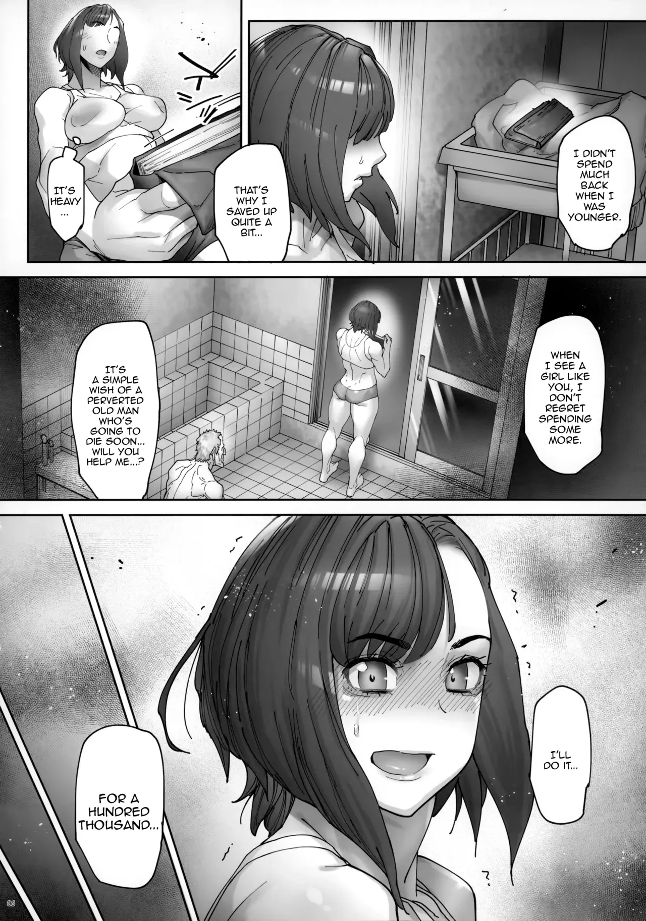 (C103) [Kocho Kocho Koukou (Bonten)] Kaigo Beit de Iroboke Jijii no Gouin na Yokkyuu to Okane no Mae ni Chitai o Sarasu JK [English] [Doujins.com] - Page 7