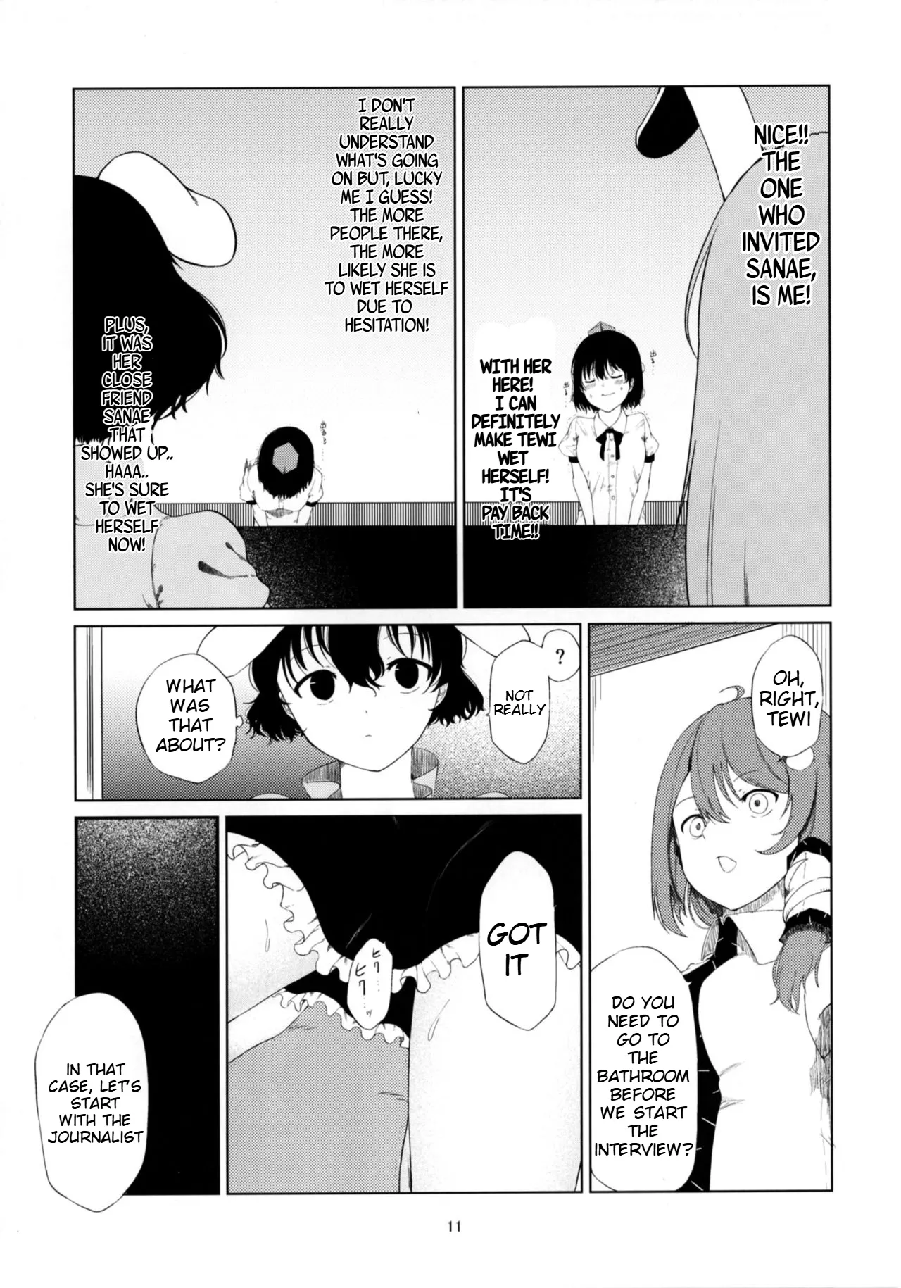 (Reitaisai 14) [Tukimi Atelier (KURUTSUKI)] Aya to Tewi to Sanae to Udonge ga Omorashi Suru Hon!! (Touhou Project) [English] - Page 10