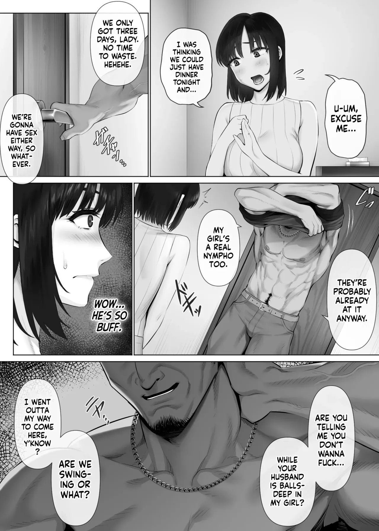 [Mitsumitsu Niku (Hikitogu)] LeveChi na Swapping 2 ~Hatsu Zecchou de Iki Kuruu Tsuma Hen~ | Swinging With the Pros 2: A Housewife's First Orgasm [English] [head empty] - Page 9